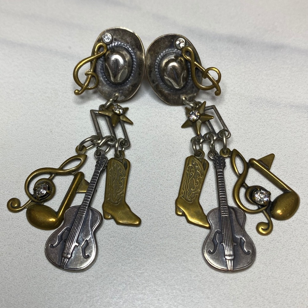 Cowboy Hat Guitar Music Note Western Dangle Earrings Country Rhinestone‎